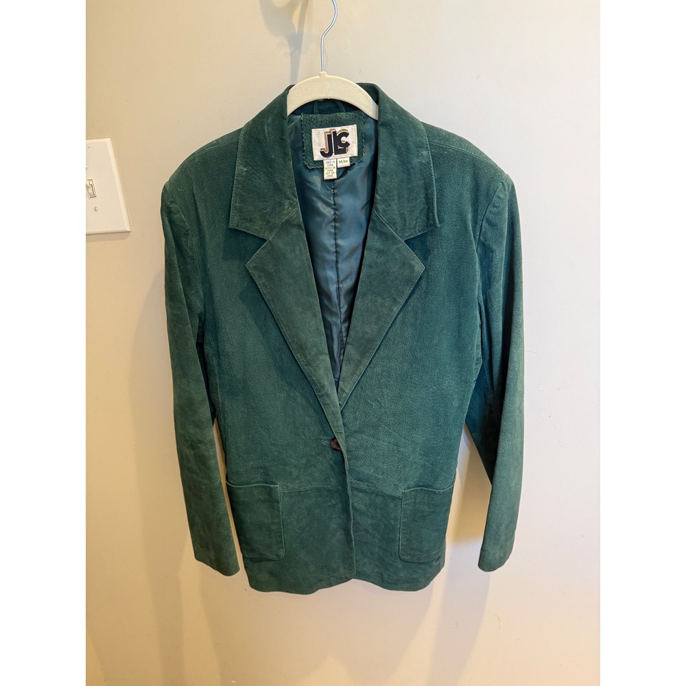 Vintage Women Forest Green 100% Leather Suede Blazer Jacket Medium M‎